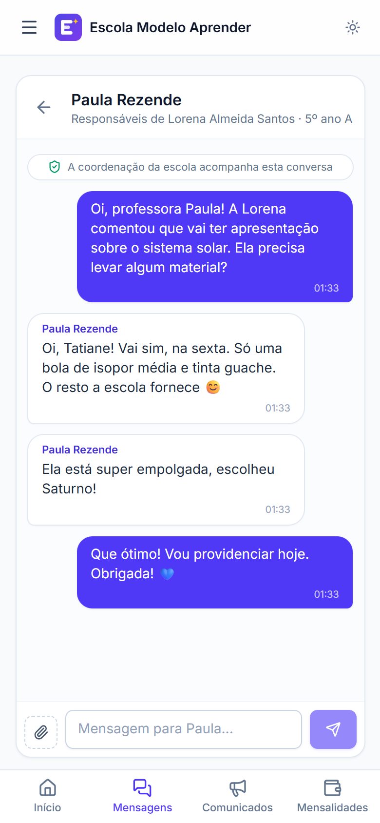 Conversa entre a professora e a família no chat do Semeio