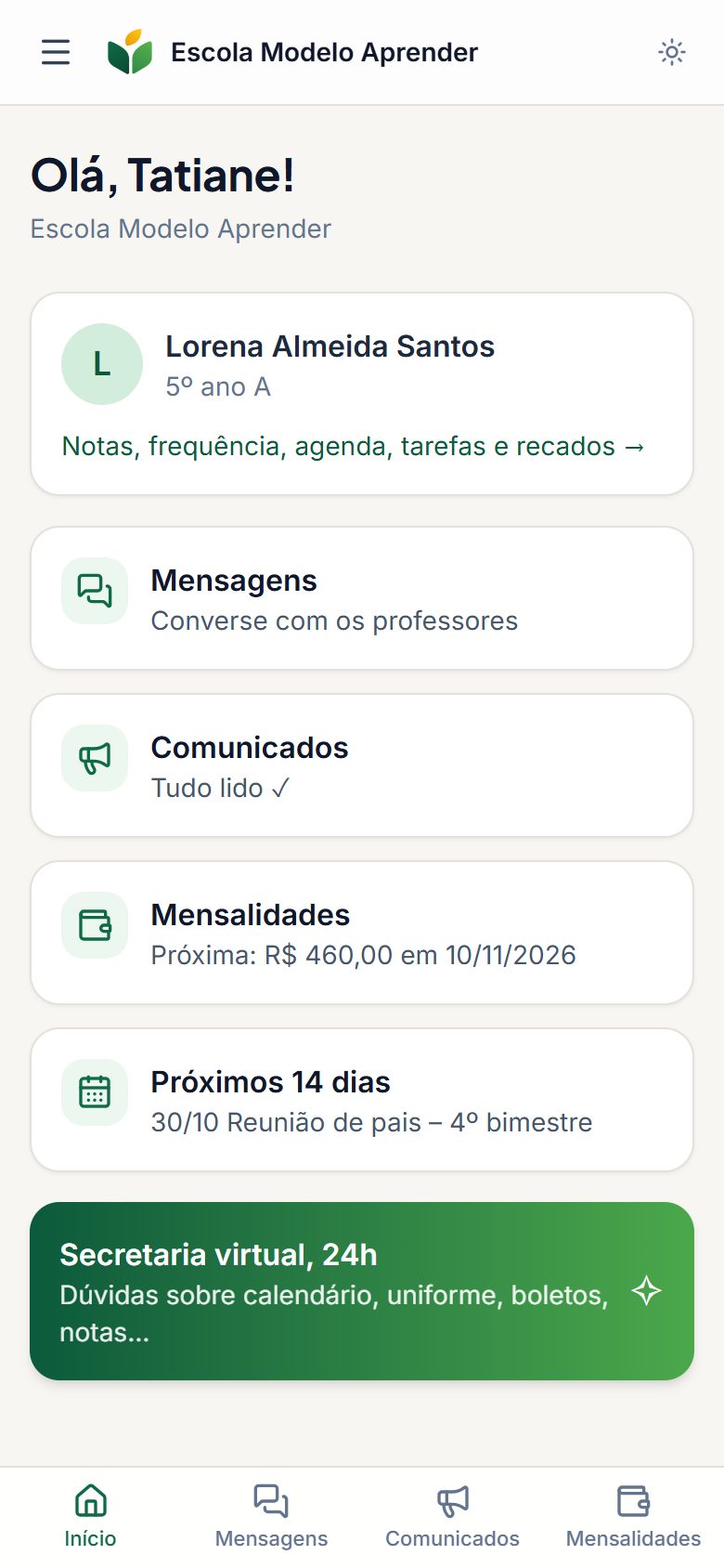 Portal da família no celular com mensalidades e comunicados da escola