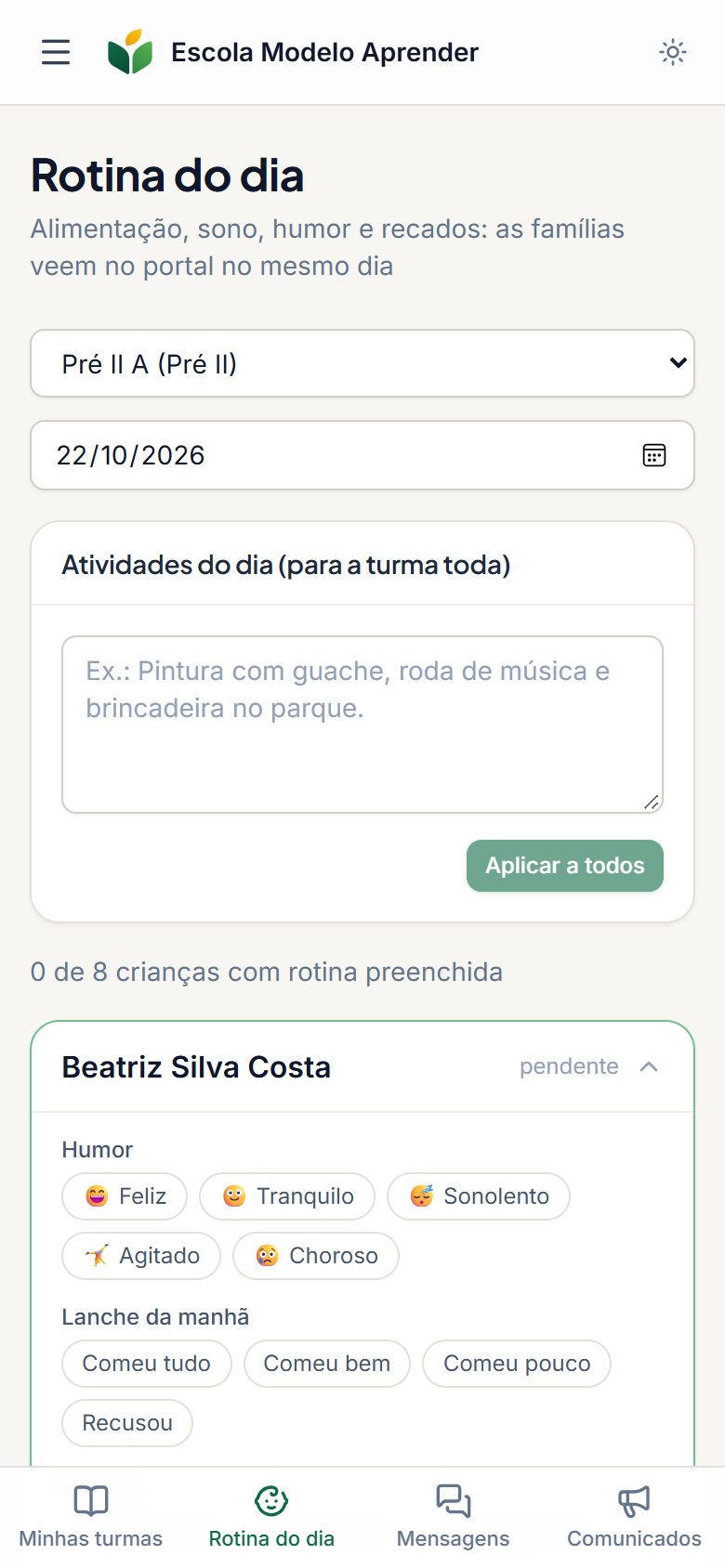 Registro da rotina do dia de uma turma de educação infantil no celular